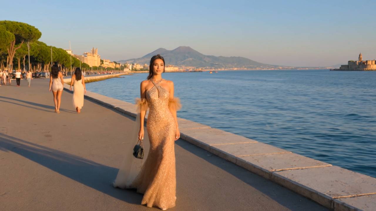 Abito lungo oro ricamato con mantella in tulle sul lungomare di Napoli, con il Vesuvio sullo sfondo, Diva Cerimonia Qualiano