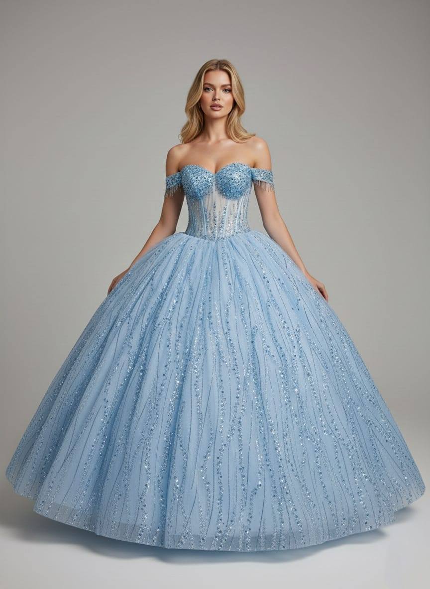 Abito da cerimonia azzurro in tulle con gonna ampia in taglia comoda
