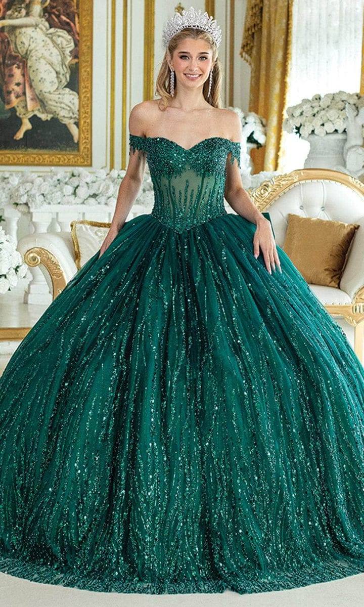 Abito da principessa verde smeraldo in tulle glitterato con corpetto a cuore e spalle scoperte, per i 18 anni, atelier Diva, Qualiano